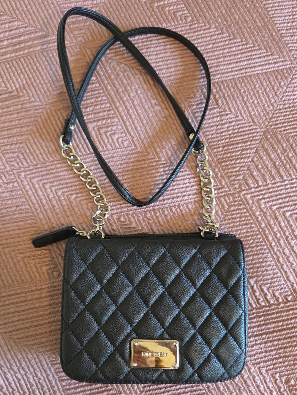 Nine West Black Quilted Crossbody with Gold Chain Accent